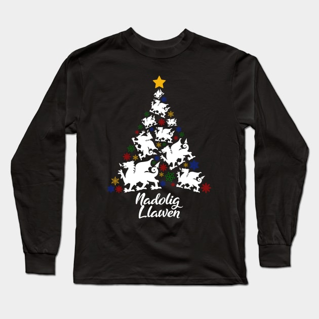 Nadolig Llawen Wales Welsh Cymru Merry Christmas Xmas Tree Long Sleeve T-Shirt by Welsh Jay